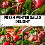 Bowl of fresh spinach and strawberry winter salad topped with pecans and light dressing